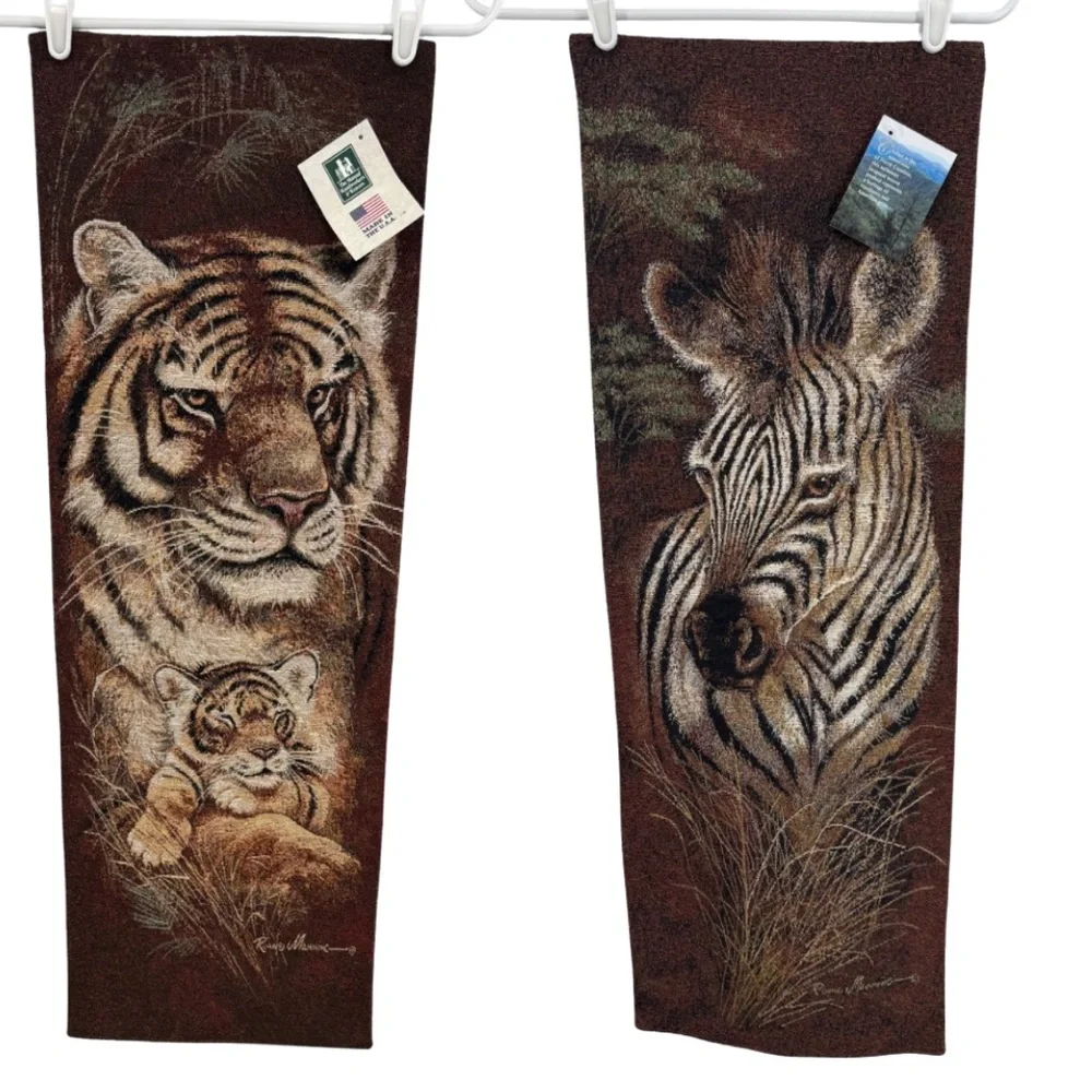 Wildlife Safari Brown Tapestry Decor set of 2 zebra tigers wall hangers woven